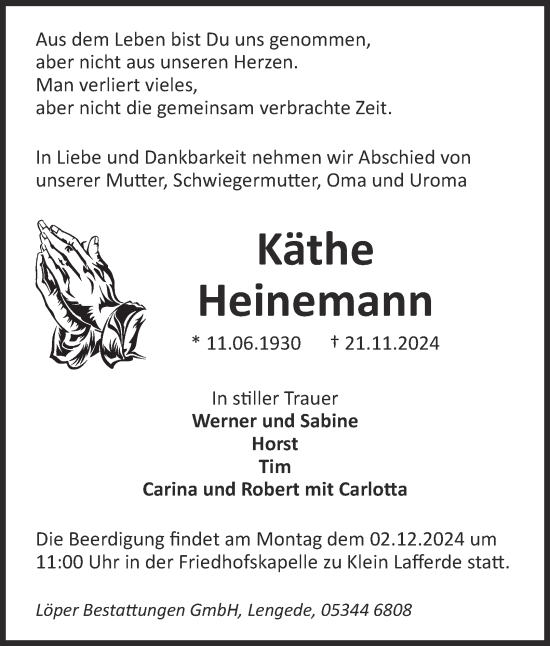 Traueranzeige von Käthe Heinemann von Peiner Nachrichten