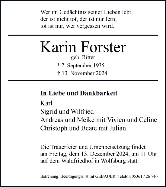 Traueranzeige von Karin Forster 