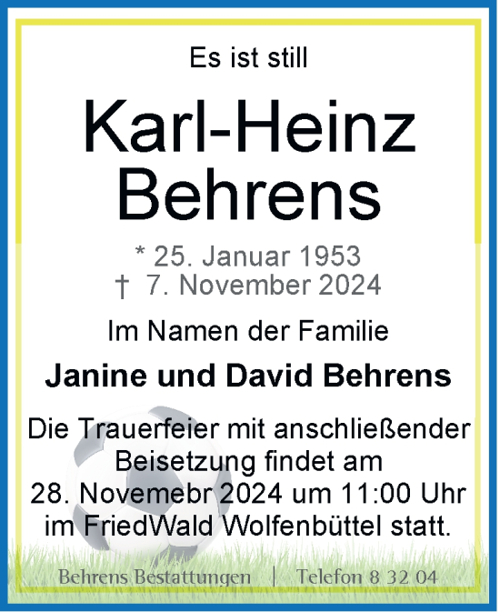 Traueranzeige von Karl-Heinz Behrens von Neue Braunschweiger am Samstag