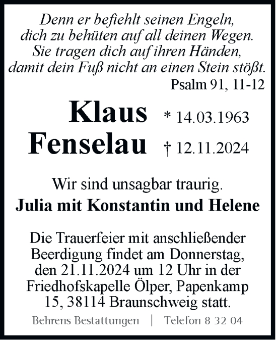 Traueranzeige von Klaus Fenselau 