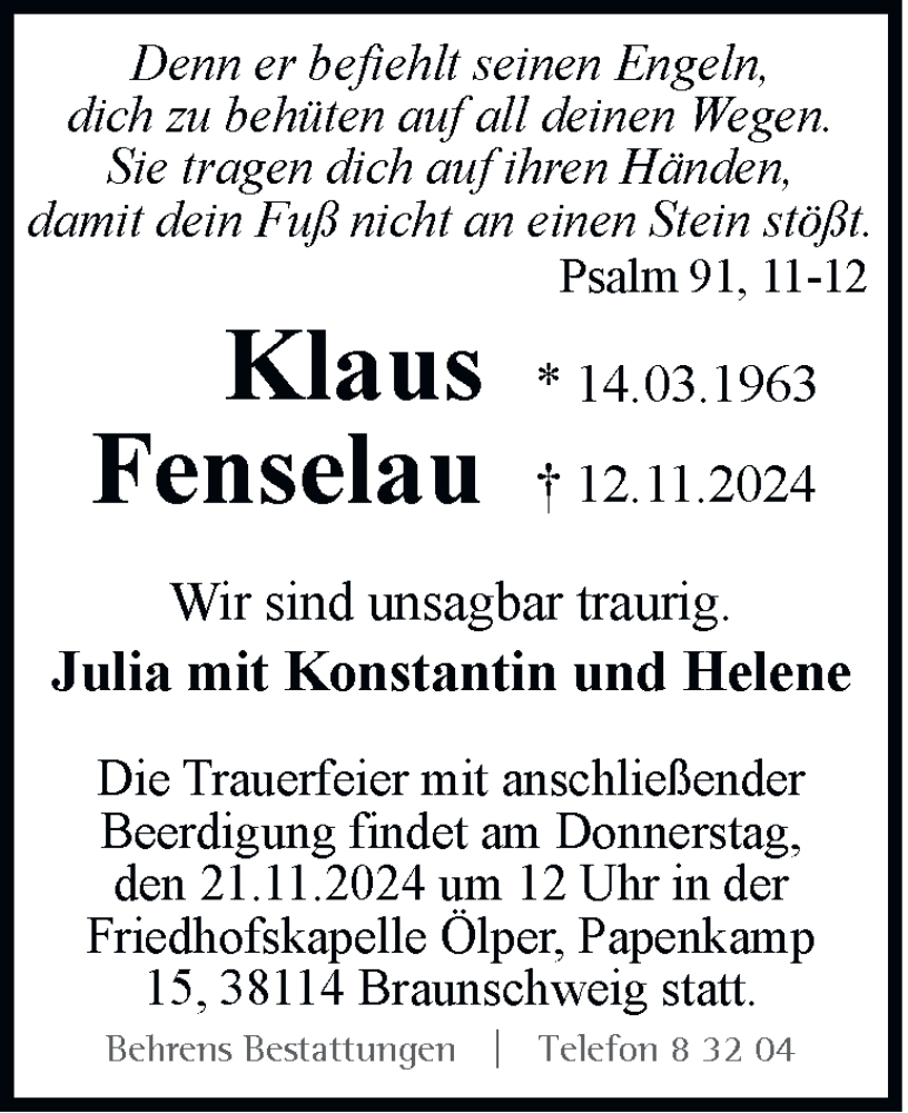  Traueranzeige für Klaus Fenselau vom 19.11.2024 aus 