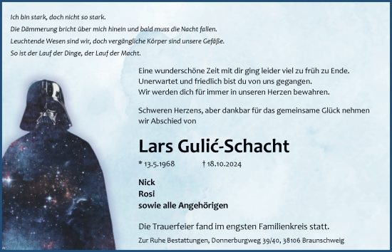 Traueranzeige von Lars Gulic-Schacht 