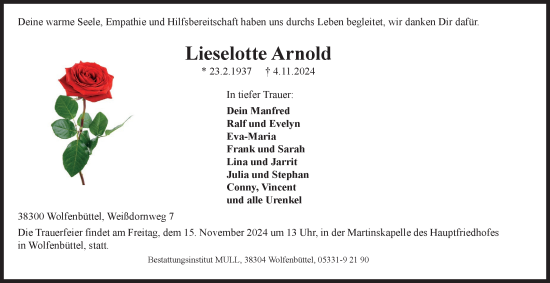 Traueranzeige von Lieselotte Arnold von Wolfenbütteler Zeitung