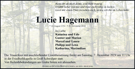 Traueranzeige von Lucie Hagemann 