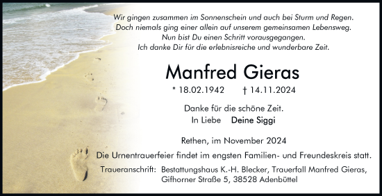 Traueranzeige von Manfred Gieras 