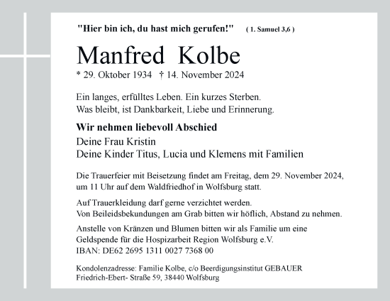 Traueranzeige von Manfred Kolbe 