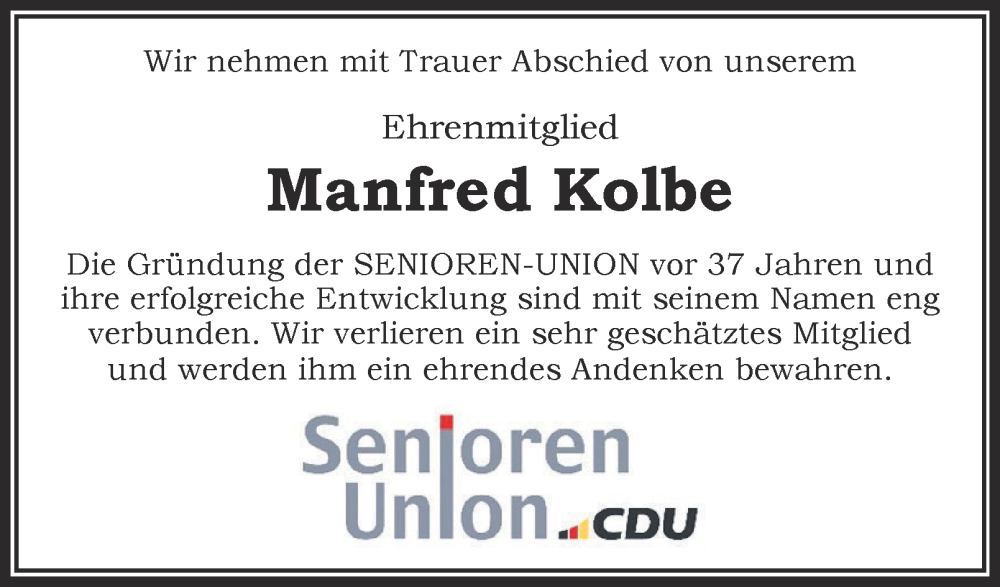  Traueranzeige für Manfred Kolbe vom 23.11.2024 aus 