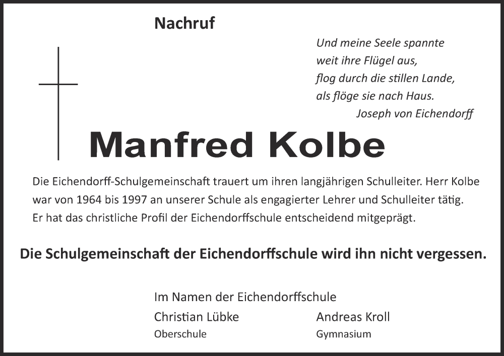  Traueranzeige für Manfred Kolbe vom 23.11.2024 aus 