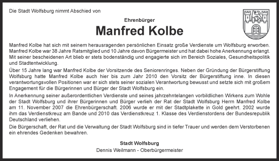 Traueranzeige von Manfred Kolbe 