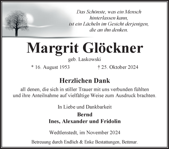 Traueranzeige von Margrit Glöckner von Peiner Nachrichten