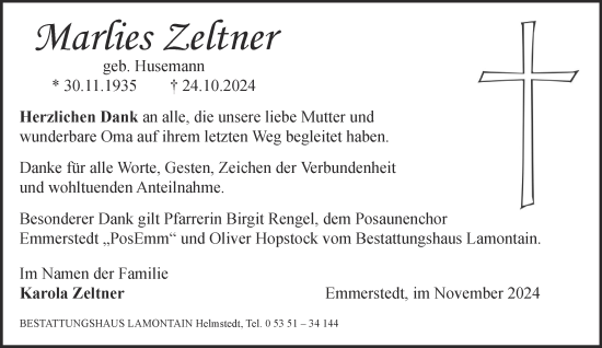 Traueranzeige von Marlies Zeltner von Helmstedter Nachrichten