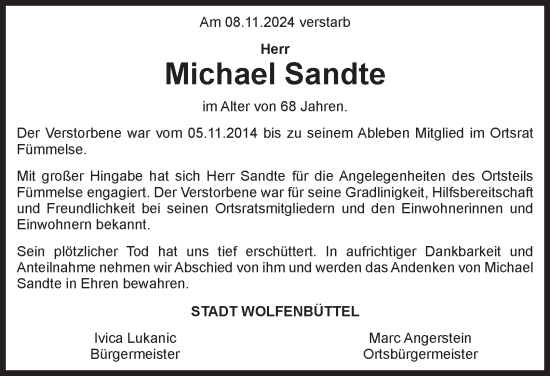 Traueranzeige von Michael Sandte von Wolfenbütteler Zeitung