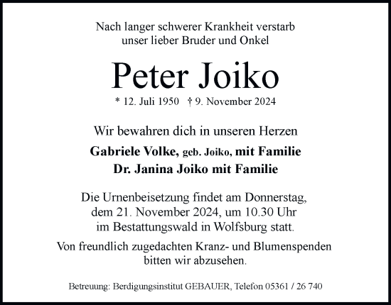 Traueranzeige von Peter Joiko 