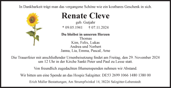 Traueranzeige von Renate Cleve von Salzgitter-Zeitung