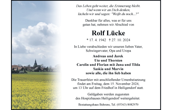 Traueranzeige von Rolf Lücke 