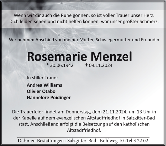 Traueranzeige von Rosemarie Menzel von Salzgitter-Zeitung