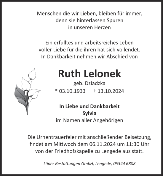 Traueranzeige von Ruth Lelonek von Peiner Nachrichten