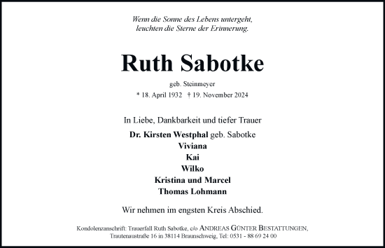 Traueranzeige von Ruth Sabotke 