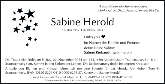 Traueranzeige von Sabine Herold 