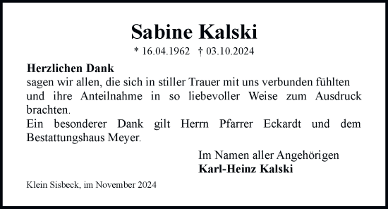 Traueranzeige von Sabine Kalski von Helmstedter Nachrichten