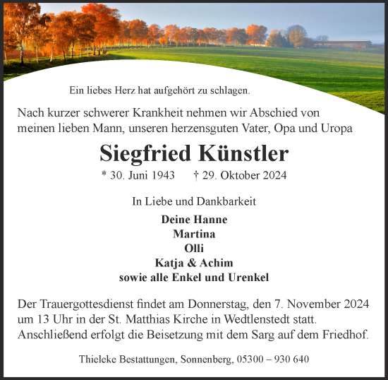 Traueranzeige von Siegfried Künstler von Peiner Nachrichten