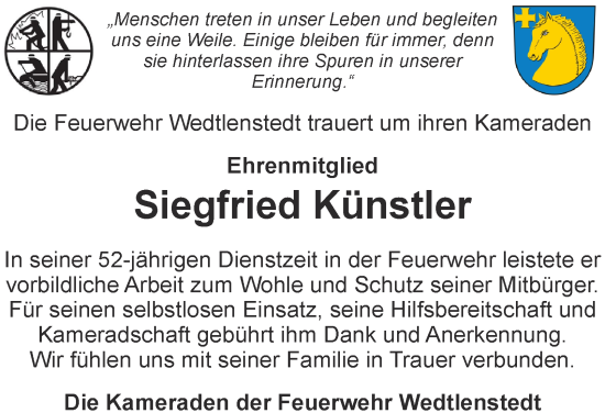 Traueranzeige von Siegfried Künstler von Peiner Nachrichten