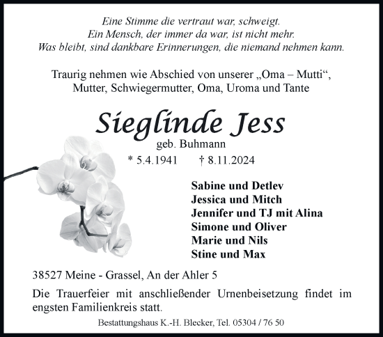 Traueranzeige von Sieglinde Jess 