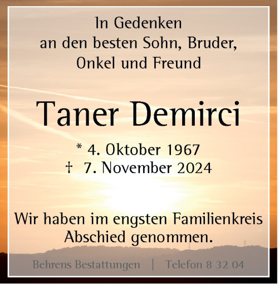 Traueranzeige von Taner Demirci von Neue Braunschweiger am Samstag