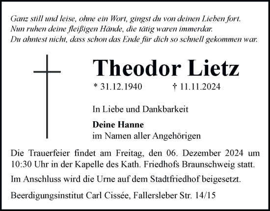 Traueranzeige von Theodor Lietz 