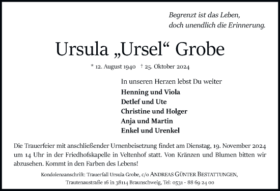 Traueranzeige von Ursula Grobe 