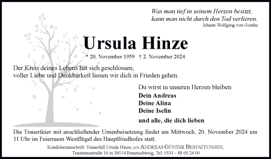 Traueranzeige von Ursula Hinze 