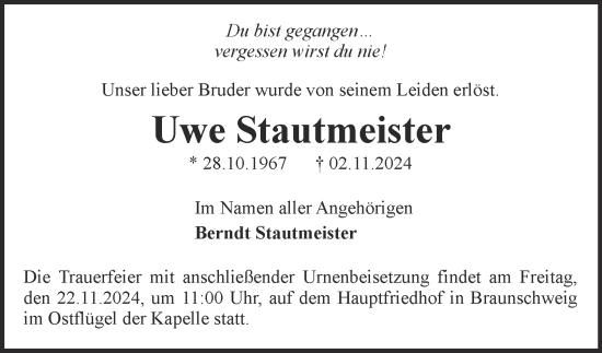 Traueranzeige von Uwe Stautmeister 