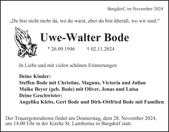 Traueranzeige von Uwe-Walter Bode von Salzgitter-Zeitung