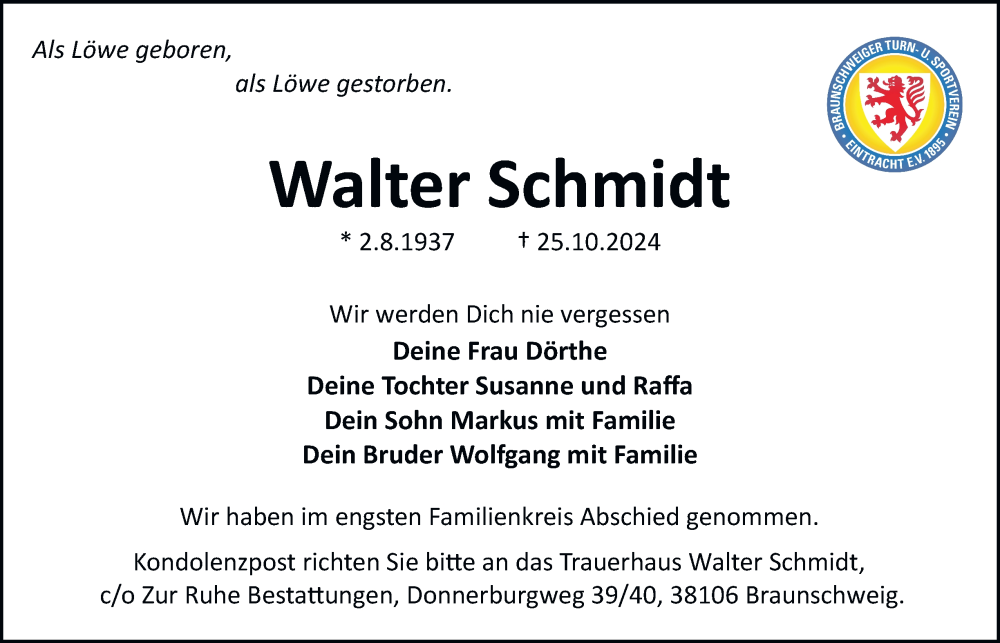  Traueranzeige für Walter Schmidt vom 09.11.2024 aus 