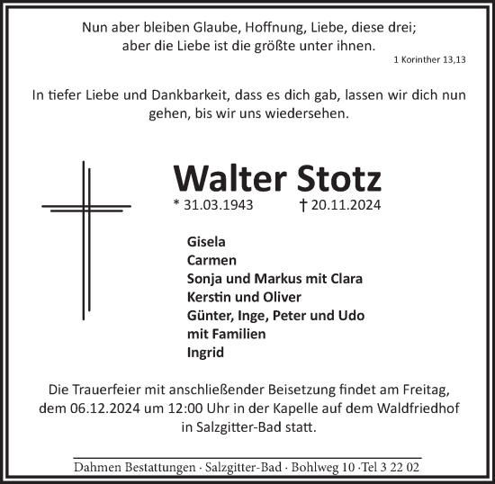 Traueranzeige von Walter Stotz von Salzgitter-Zeitung