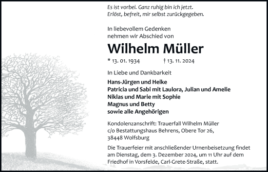 Traueranzeige von Wilhelm Müller von Helmstedter Nachrichten