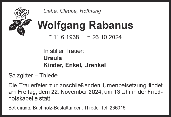 Traueranzeige von Wolfgang Rabanus von Salzgitter-Zeitung