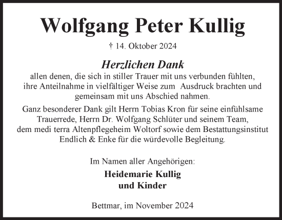 Traueranzeige von Wolfgang Peter Kullig von Peiner Nachrichten