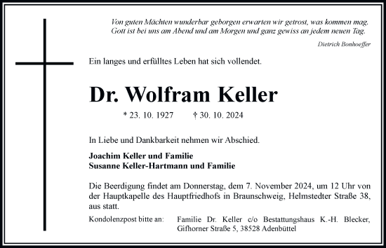 Traueranzeige von Wolfram Keller 