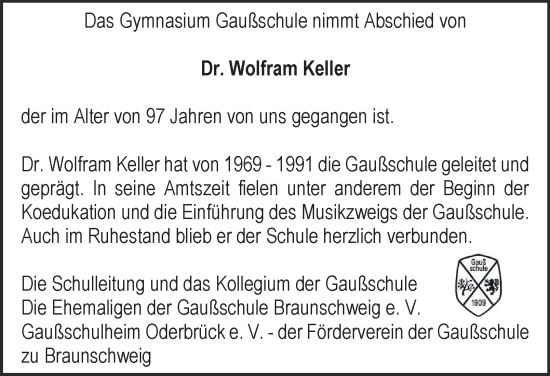 Traueranzeige von Wolfram Keller 