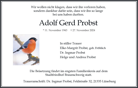 Traueranzeige von Adolf Gerd Probst 