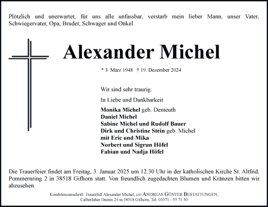 Traueranzeige von Alexander Michel 