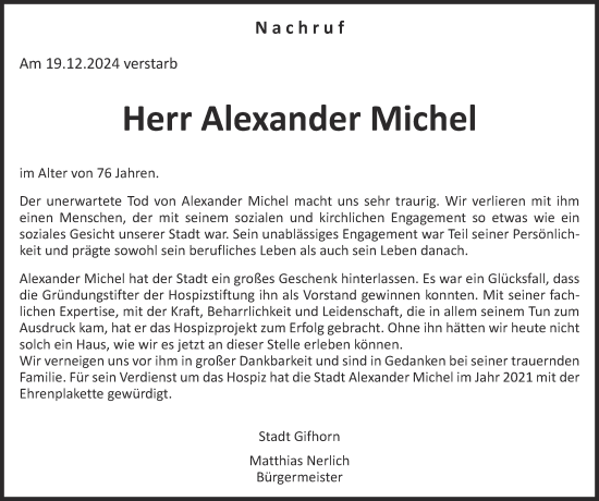 Traueranzeige von Alexander Michel 