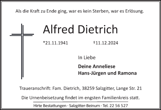 Traueranzeige von Alfred Dietrich von Salzgitter-Zeitung