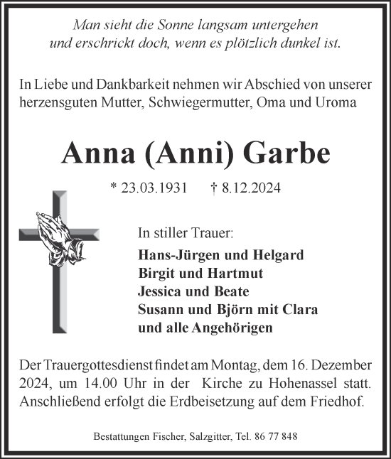 Traueranzeige von Anna  Garbe von Salzgitter-Zeitung