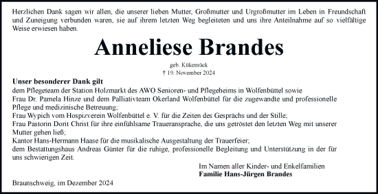 Traueranzeige von Anneliese Brandes 