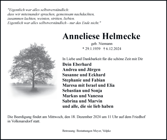 Traueranzeige von Anneliese Helmecke 