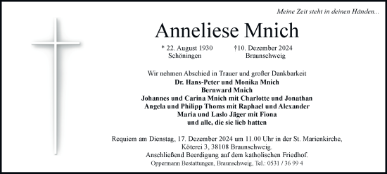 Traueranzeige von Anneliese Mnich 