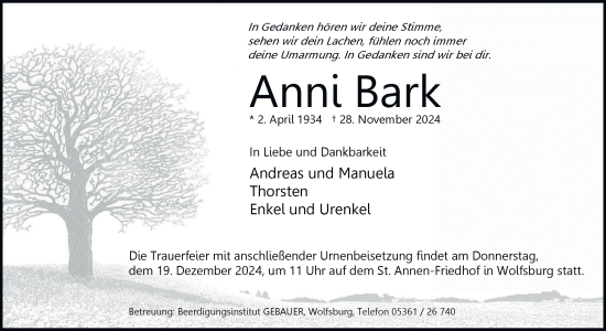 Traueranzeige von Anni Bark 