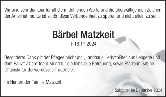 Traueranzeige von Bärbel Matzkeit von Salzgitter-Zeitung